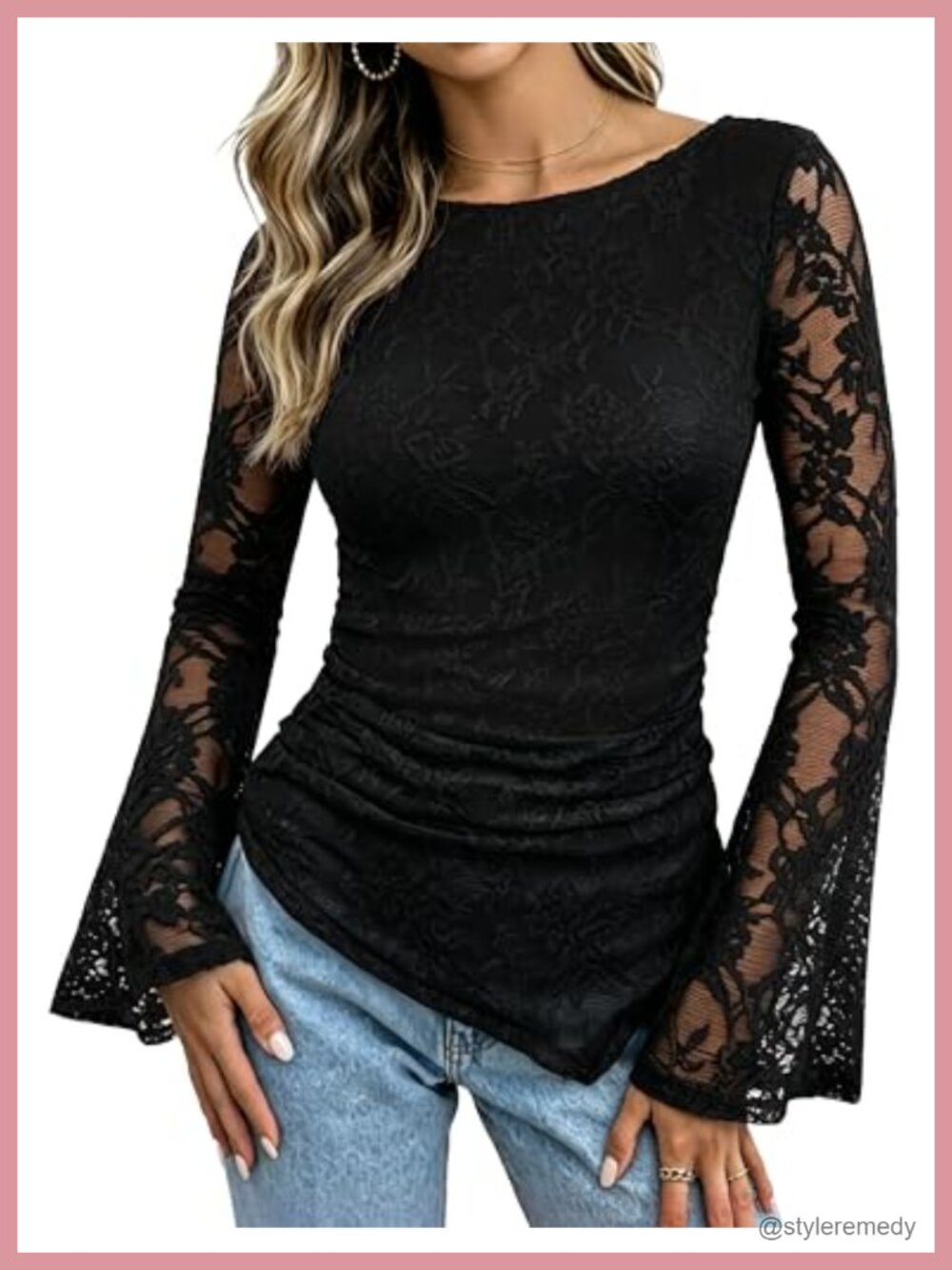 Womens Lace Top Sheer Bell Long Sleeve Boho Fitted Peplum Blouse